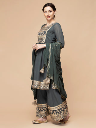 Zari and dori embroidered greenish grey georgette sharara with kurti.